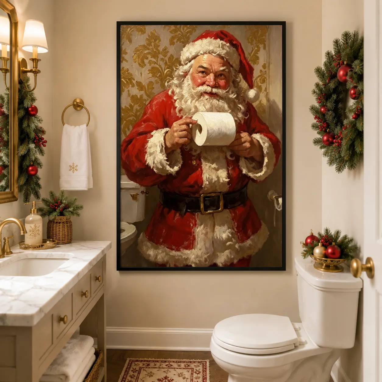 Funny Vintage Santa Canvas Poster | Whimsical Christmas Wall Art for Bathroom, Toilet, Bedroom & Farmhouse Holiday Home Decor