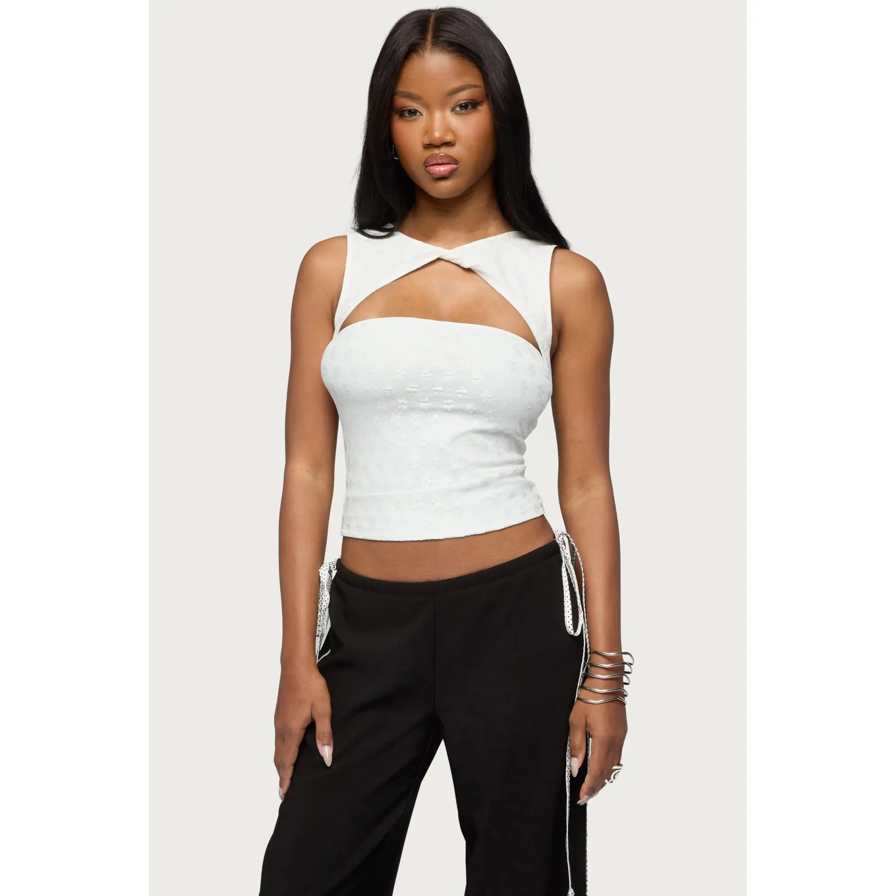 Elisia Twist Cutout Flower Lace Top