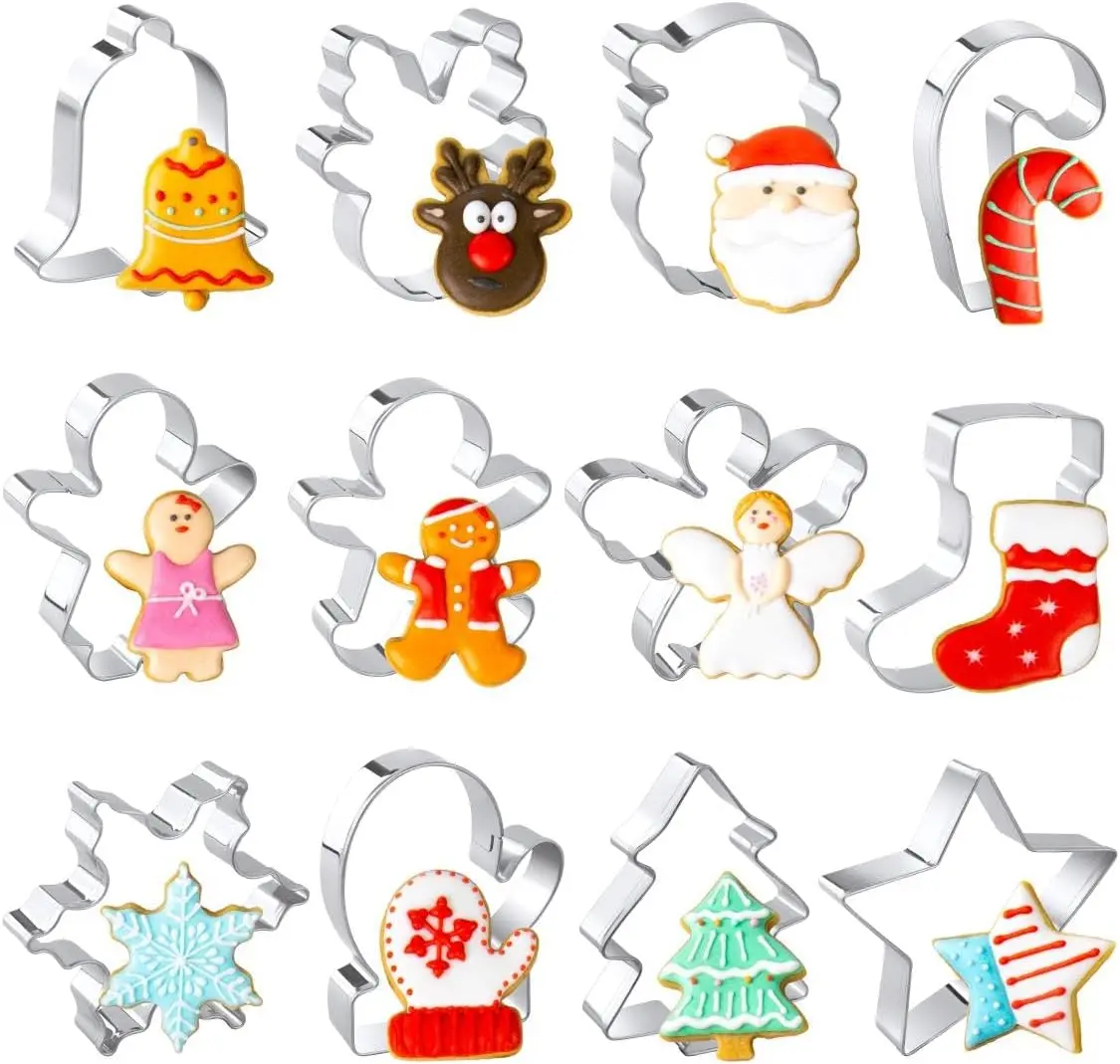 Christmas Cookie Cutters Set, 12 Pieces Stainless Steel Metal Christmas Cookie Cutters Shapes - Gingerbread Men,Christmas Tree,Snowflake, Candy Cane, Santa Face, Star and More