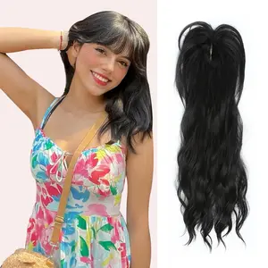 Auvzy Hair 18 Inch Clip In Bangs 360° Coverage Mini Wavy Hair Topper with Bangs Natural Looking Synthetic French Clip Fake Fringe for Thinning Hair, Daily Wear & Quick Styling
