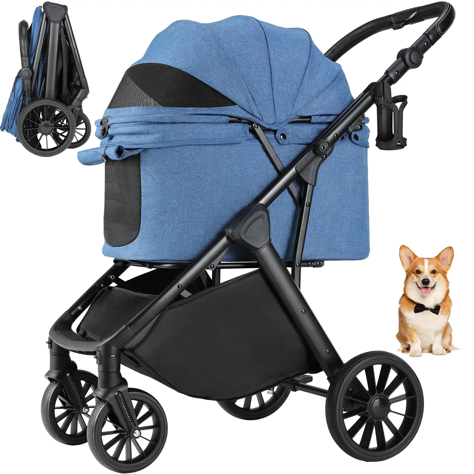 【backtoschool】LIFERUN Foldable Dog Stroller for Medium Dogs and Cats Up to 33 lb, All-Terrain Pet Stroller with Adjustable Height Handle, Aluminum and Carbon Steel Frame, Sunshade, Storage Basket and Shock Absorbers for Daily Walks, Travel and Outdoor Use