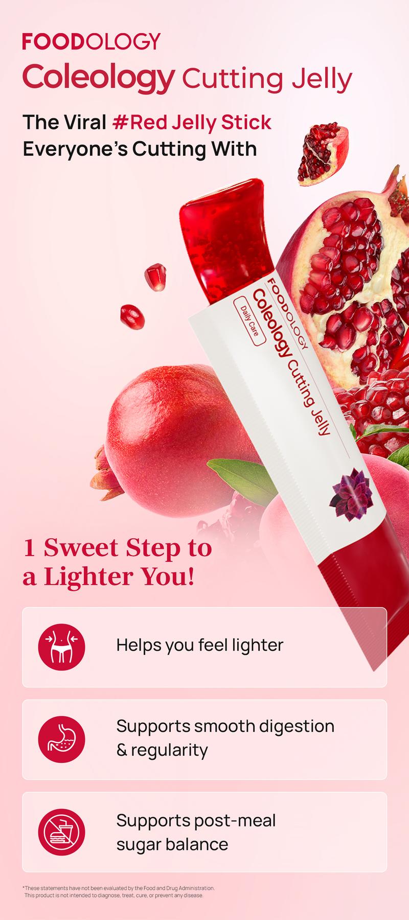 [FOODOLOGY] Coleology Cutting Jelly 30days - Garcinia Cambogia (HCA), Chia Seeds Collagen, Hyaluronic Acid, Pomegranate Flavored 8.81 oz /10 Sticks