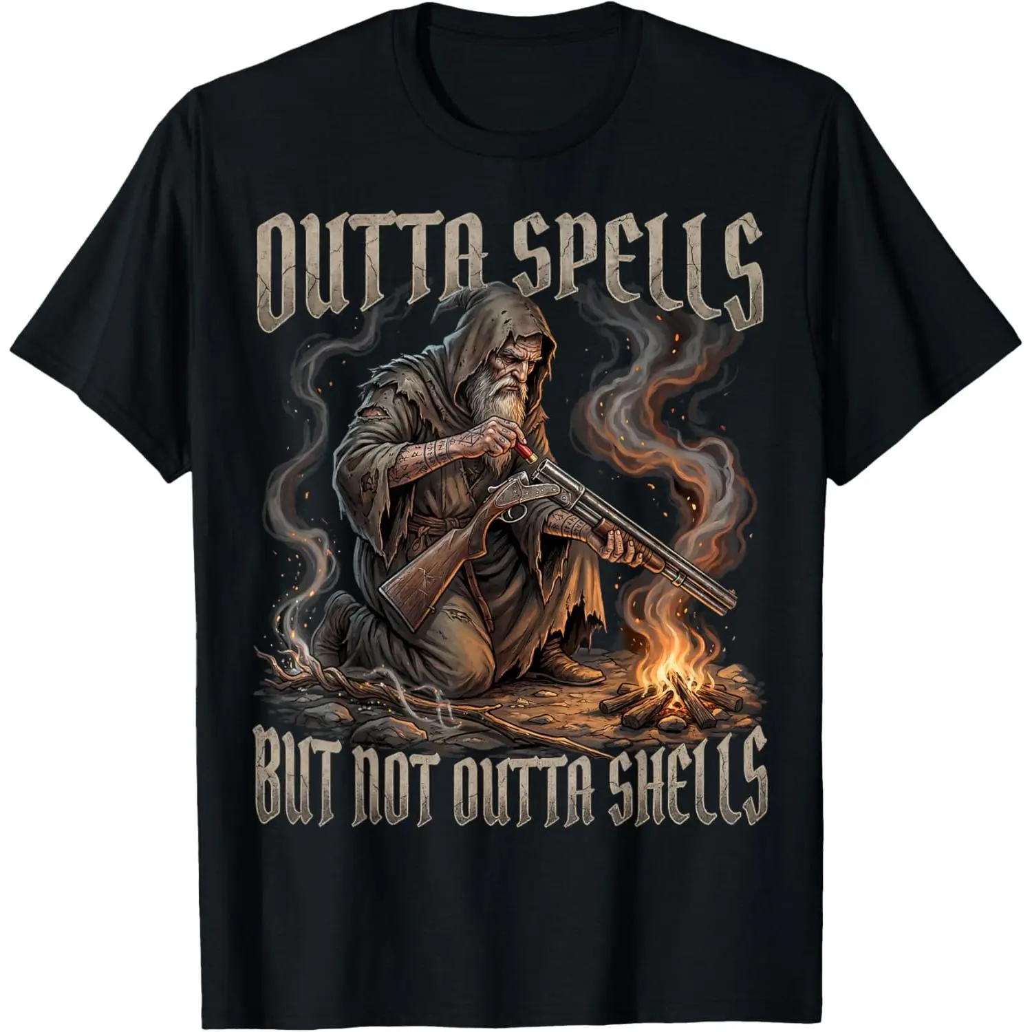 Women's 100% Cotton Round Neck Shortsleeve Casual Distressed Graphic T-Shirt - RPG Gaming Fan Wizard Theme, "Outta Spells But Not Outta Shells" Vintage Top