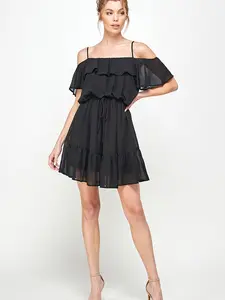 Women's Black Off-Shoulder Ruffle Mini Dress