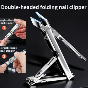 Large Opening Double-Headed Foldable Nail Clipper, 2-in-1 Flat & Slant Mouth Nail Scissors for Thick/Hard Nails and Cuticles