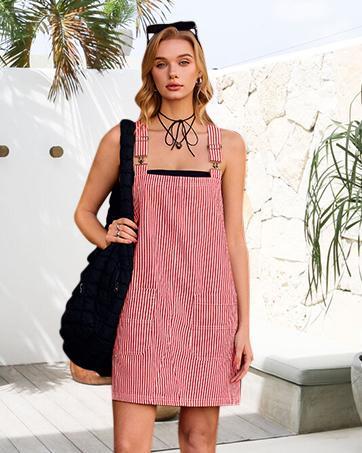 Imily Bela Womens Casual Striped Denim Dress Summer Pinafore Overalls Romper Adjustable Straps Jumper Dress with Pockets