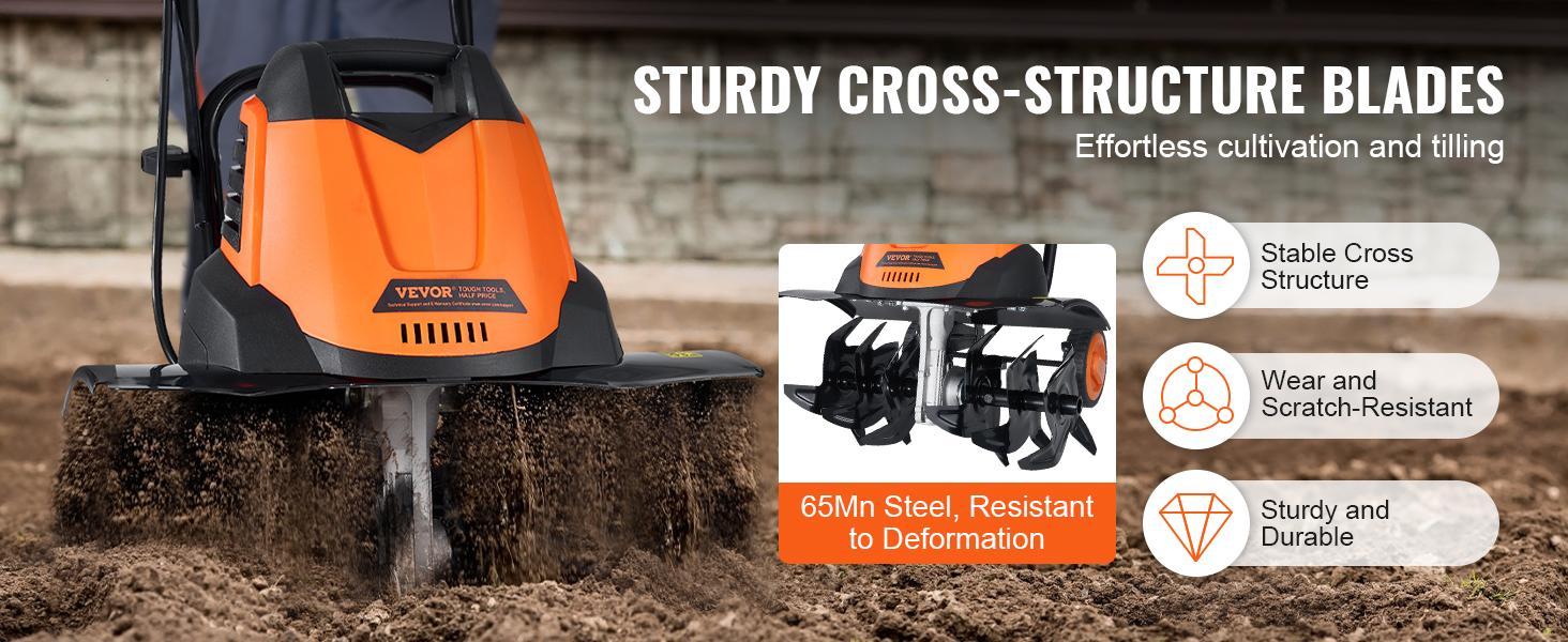 VEVOR 10/12 Amp Electric Tiller,  Corded Electric Tiller/Cultivator, Steel Mn Tines, Rototiller for Garden Lawn Soil Digging