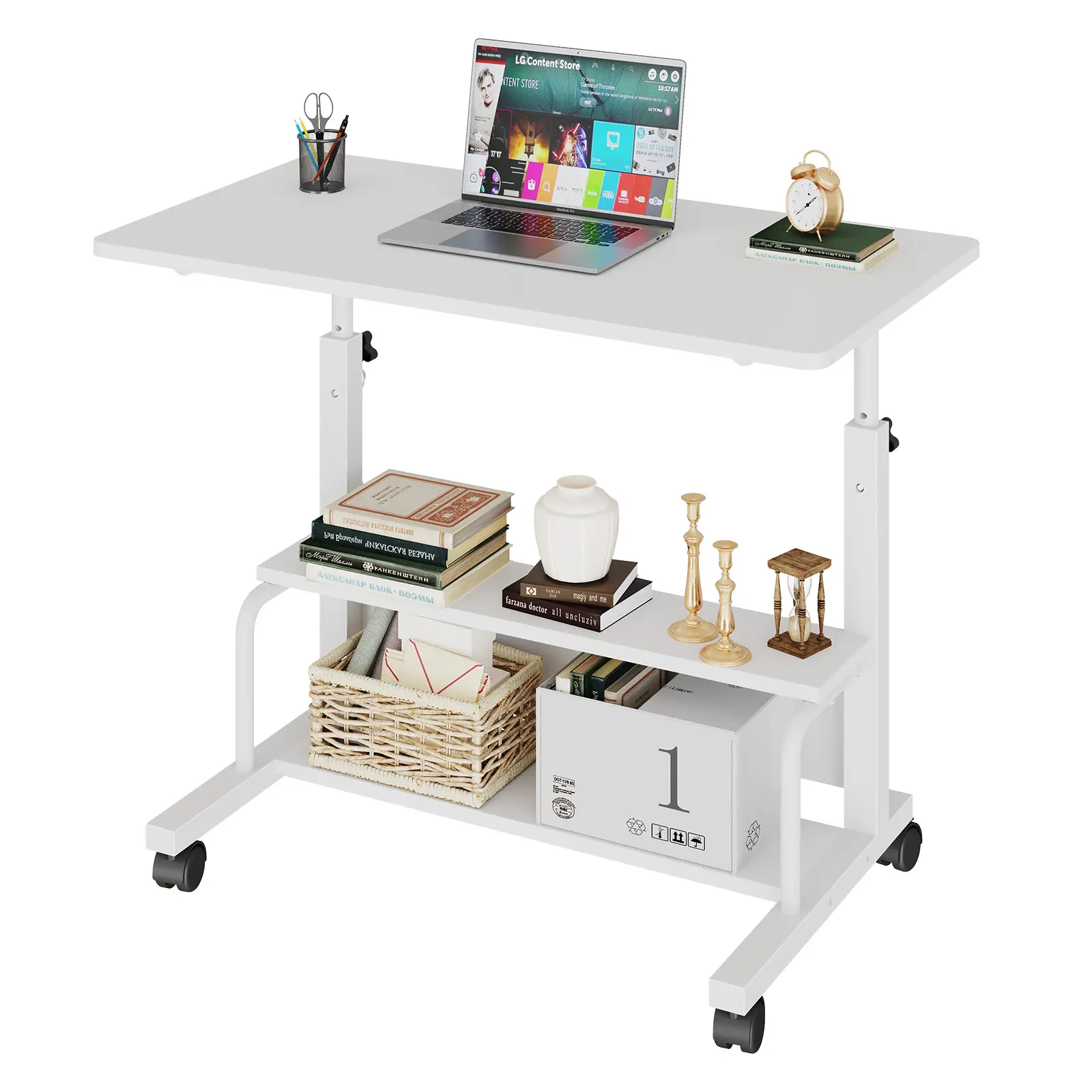 Portable Rolling Desk with Wheels Adjustable Height, 32" Computer Desk with Storage Shelves for Small Spaces, Mobile Home Office Desk Black