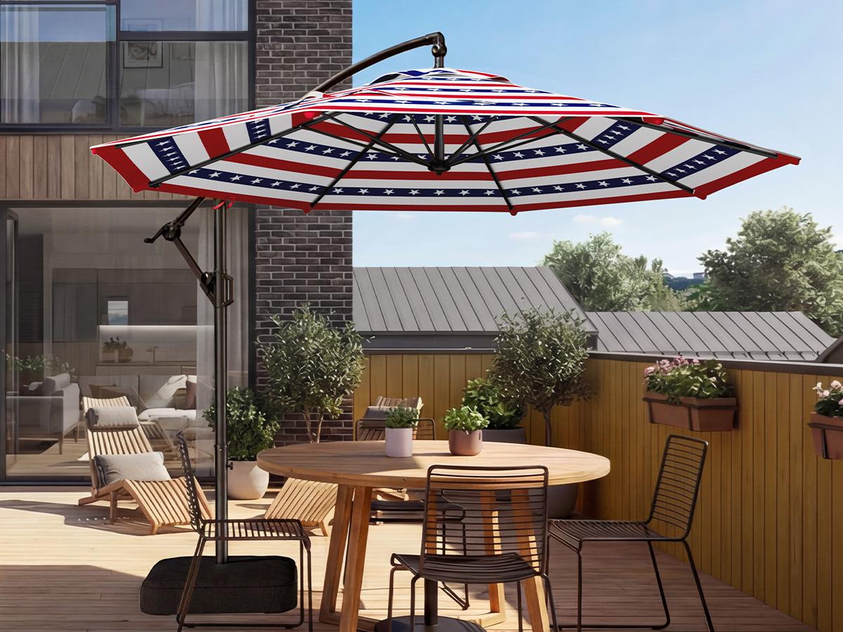 【Spring Sale】10ft Solar Outdoor Patio Umbrella, UPF50+ UVOutdoor Table Umbrella, Yard Umbrella, Market Umbrella with 8 Sturdy Ribs, Push Button Tilt and Crank- with Base