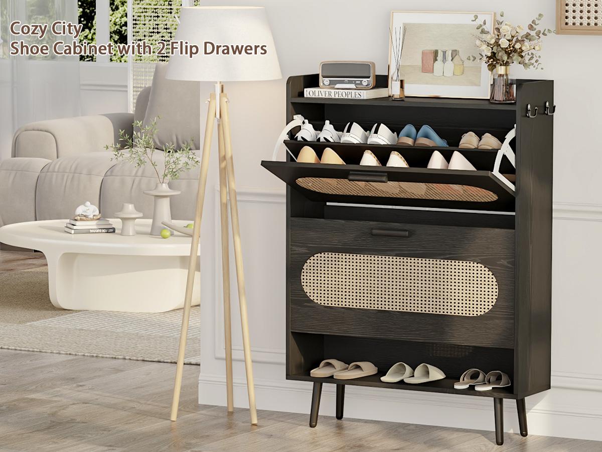 COZPAW Rattan Shoe Cabinet with 2 Flip Drawers, Shoe Storage Cabinet for Entryway, Narrow Shoe Rack Cabinet, Freestanding Hidden Shoe Organizer for Hallway, Living Room