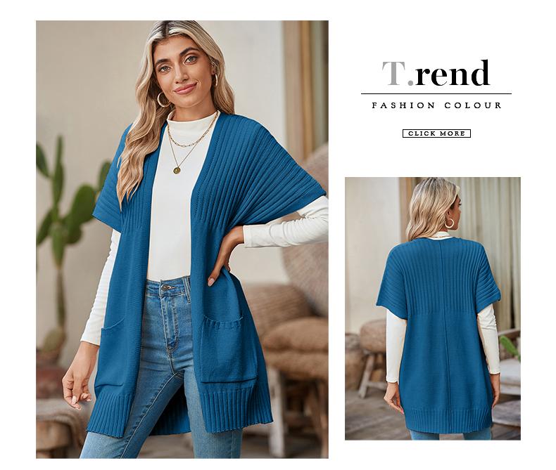 Shewin 2026 Spring Cozy Ribbed Open-Front Cardigan Women's Oversized Short-Sleeve Knit Layering Piece with Pockets for Daily Wear Basic Cotton Blend Shortsleeve SpringStatements