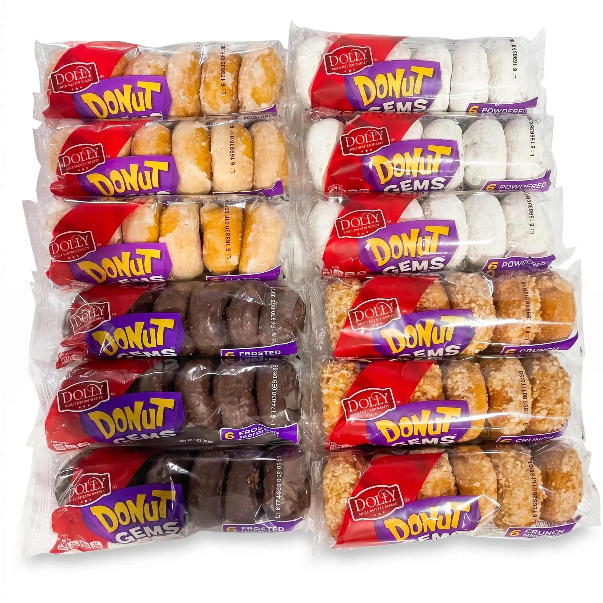 Dolly Madison Donut Gems Variety Pack, 12 Assorted Mini Donut Sleeves, Powdered, Glazed, Chocolate Frosted & Crunch