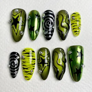Y2K Green Chrome Press-On Nails, Neon Zebra Star Gothic Fake Nails