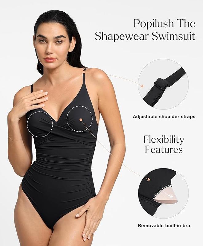 POPILUSH Ruched Cross-Front One-Piece Swimsuit Shapewear with Tummy Control Adjustable Straps High-Waisted Bathing Suit for Pool Beachwear POPILUSH Ruched Cross-Front One-Piece Swimsuit Shapewear with Tummy Control Adjustable Straps High-Waisted Bathing Suit for Pool Beachwear