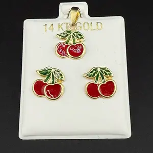 14k gold cherry set earrings and pendant