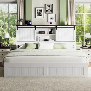 [Summervibes] Belffin King Size Bed Frame with 2 Storage Drawers, LED Lights & Charging Ports, No Box Spring Needed, Silent Wooden Bed Frame with Headboard, White Modern Design for Bedroom, Durable & Stylish Storage Bed for Organizing