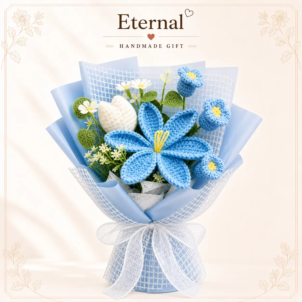 Handmade blue crochet flower bouquet—tulips and lilies (a gift for her); knitted everlasting floral arrangement; suitable for birthdays, anniversaries, Valentine's Day, Halloween, Christmas, and Mother's Day.