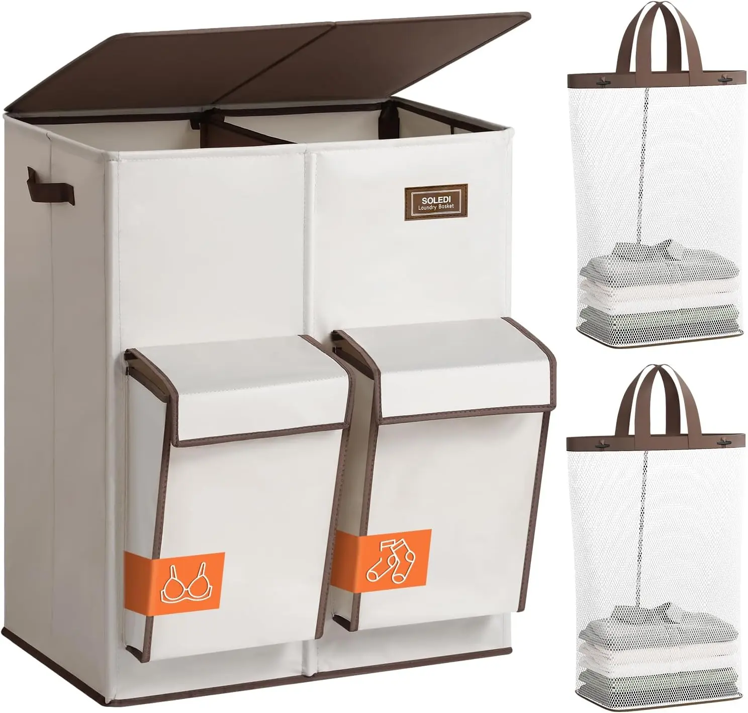 SOLEDI 180L 4 Section Laundry Hamper with Lid, Separate Compartments for Delicates and Socks, Double Large Laundry Basket with Removable Bag, Dirty Clothes Hamper for Laundry Room, Bedroom, Beige Compartmentalized