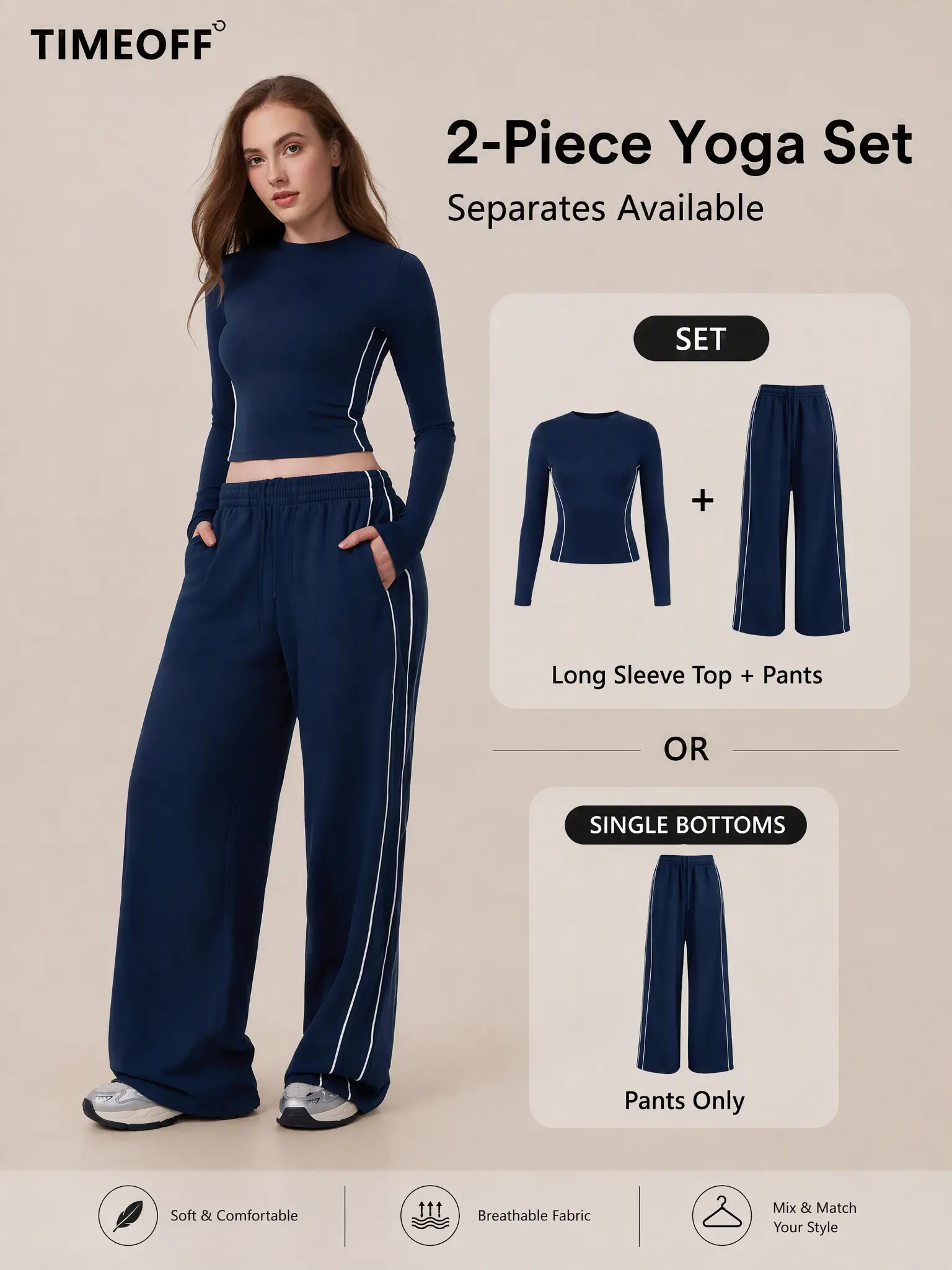 TIMEOFF Women's Oversized Loose Wide-Leg Track Pants - Adjustable Elastic Waist, Side Trim, Pockets, Comfy Stretch Fabric, All-Season Style, Gym Workout Apparel for Lounging, Women's Clothes