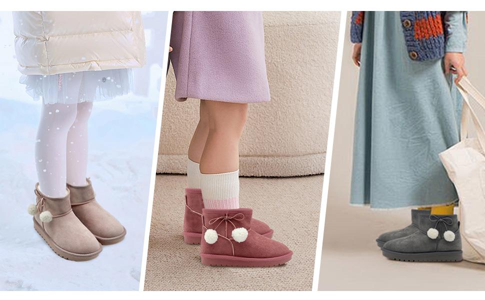 Lumubby Girls Winter Snow Boots Faux Fur Lined Short Ankle Shoes for Little Big Kids - Slip-On Style, Plush Sheepskin, Lightweight & Durable