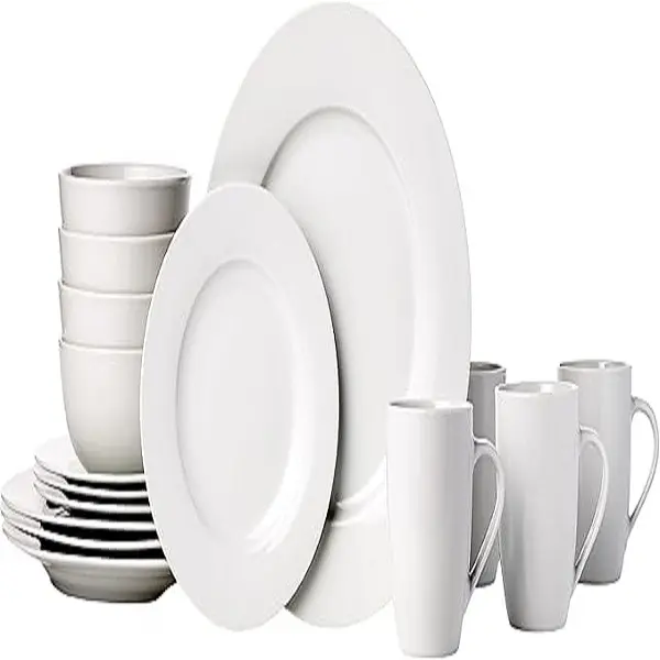16-Piece Porcelain Kitchen Dinnerware Set with Plates Bowls and Mugs Service for 4 White Elegant Everyday Use Special Occasions