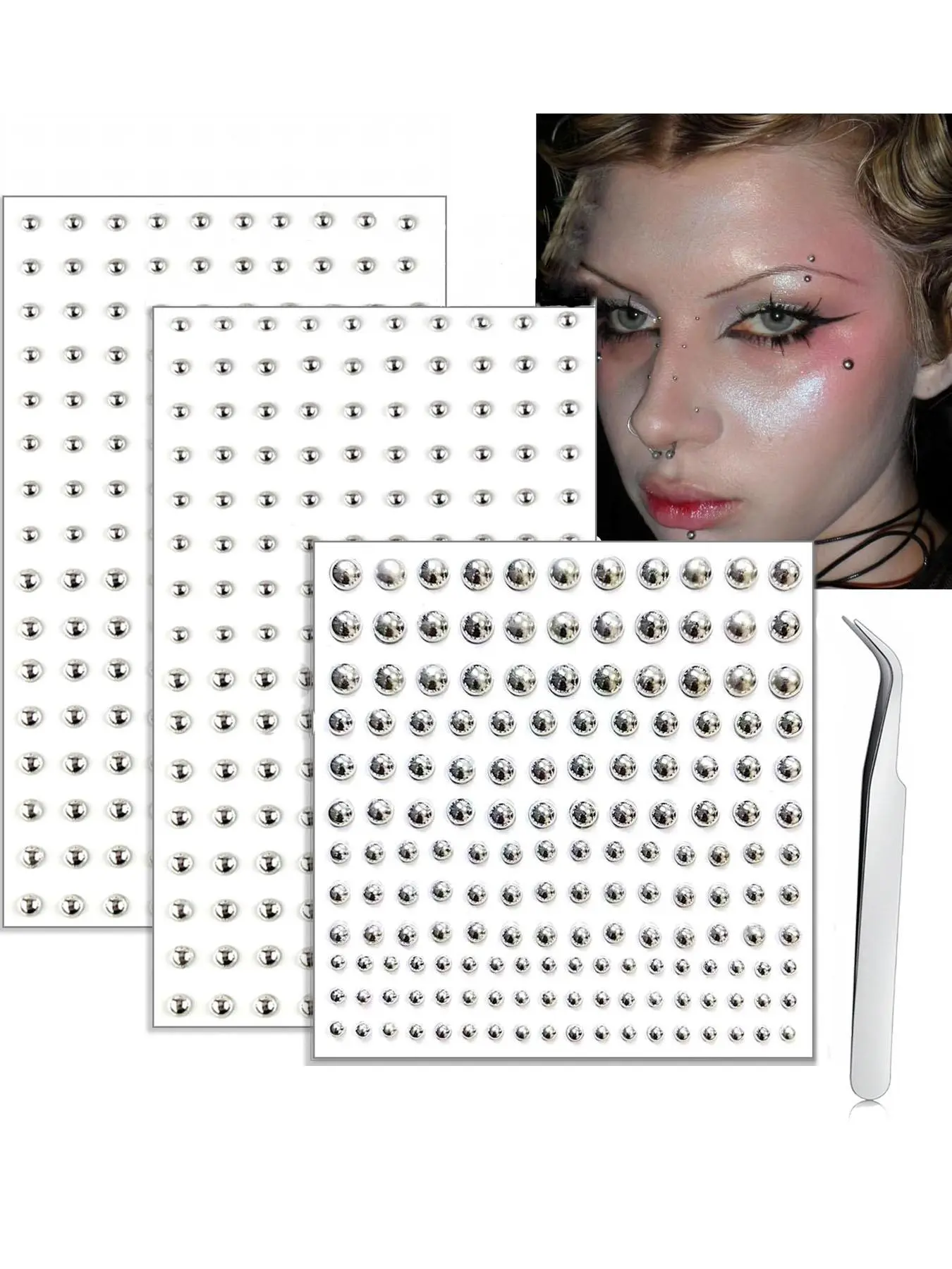 Silver Self-Adhesive Fake Piercing Face Stickers, Fake Lip, Nose & Eyebrow Piercing Studs, Cool Aesthetic Punk Y2k Halloween Makeup for Women and Men, Faux Body Piercing Decor