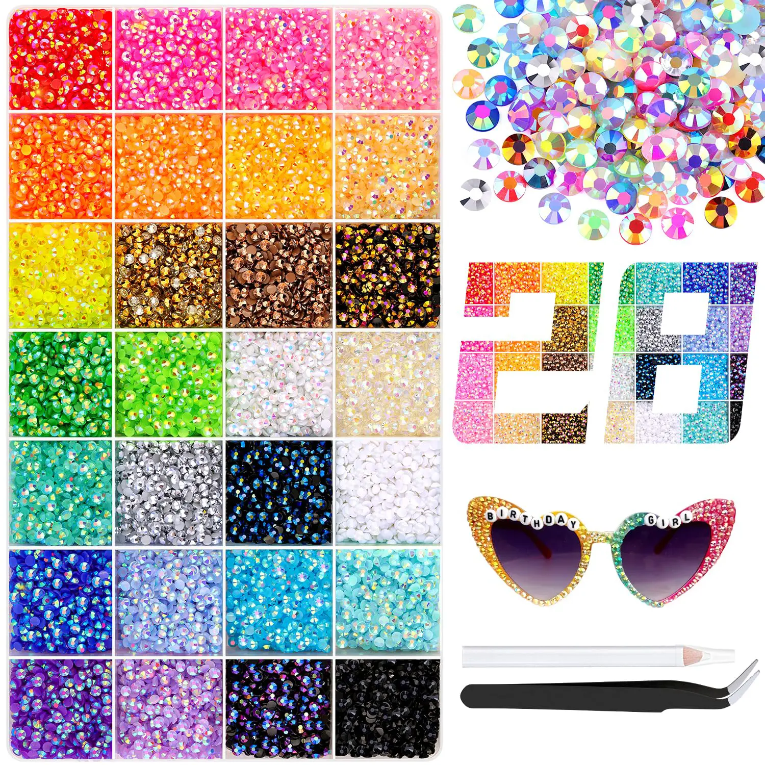 【With Tools】VIBRANT GEMS 36,000Pcs Resin Rhinestones with Tweezers for Crafting Mixed-Color 3mm Bedazzling Crystal with Gifted Tools Jewelry for DIY Crafts Clothing Tumblers Shoes Fabric Nail Art Colorful