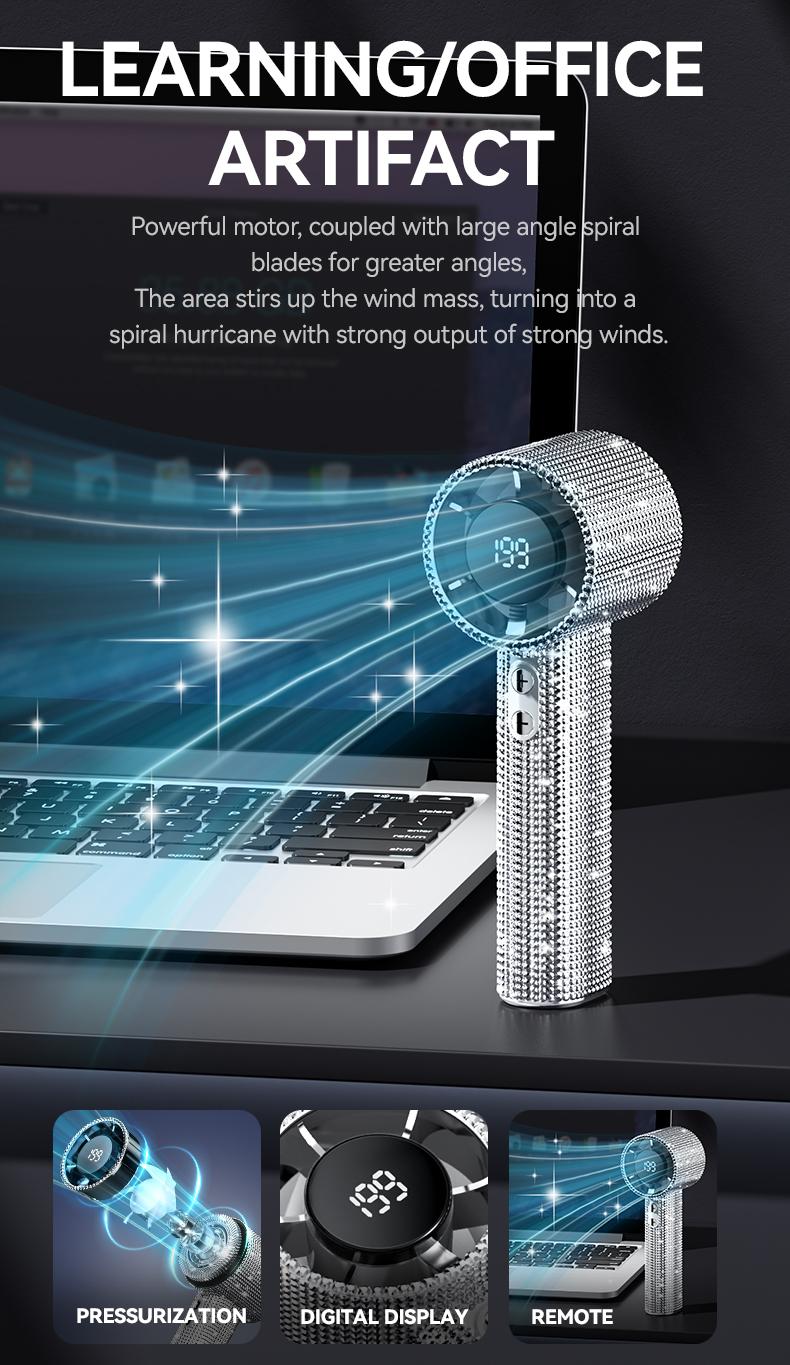 Portable Handheld Turbo Fan - Fashion Full Diamond Rechargeable Personal Battery Operated Mini Small Pocket Mini Fan for Travel/Outdoor/Vacation/Beach/Outdoor Activities