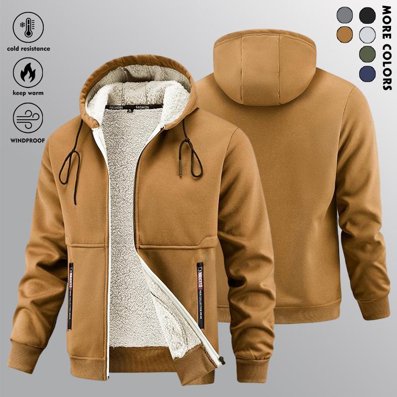 Men's fleece-lined zip-up jacket with hood, warm and cozy for winter weather, featuring pockets and soft fabric, perfect for gym, skiing, outdoor activities - machine washable cold weather apparel Casual