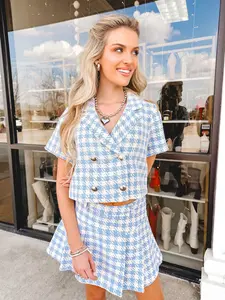 Powder Blue Society Tweed Gingham Top