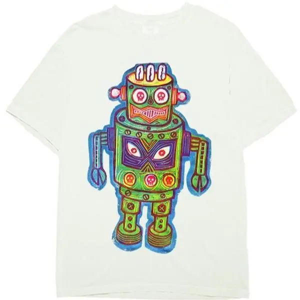 Men's Cotton Round Neck Short-Sleeve Graphic Color Robot Woodcut Printed Streetwear Casual T-Shirt, Black