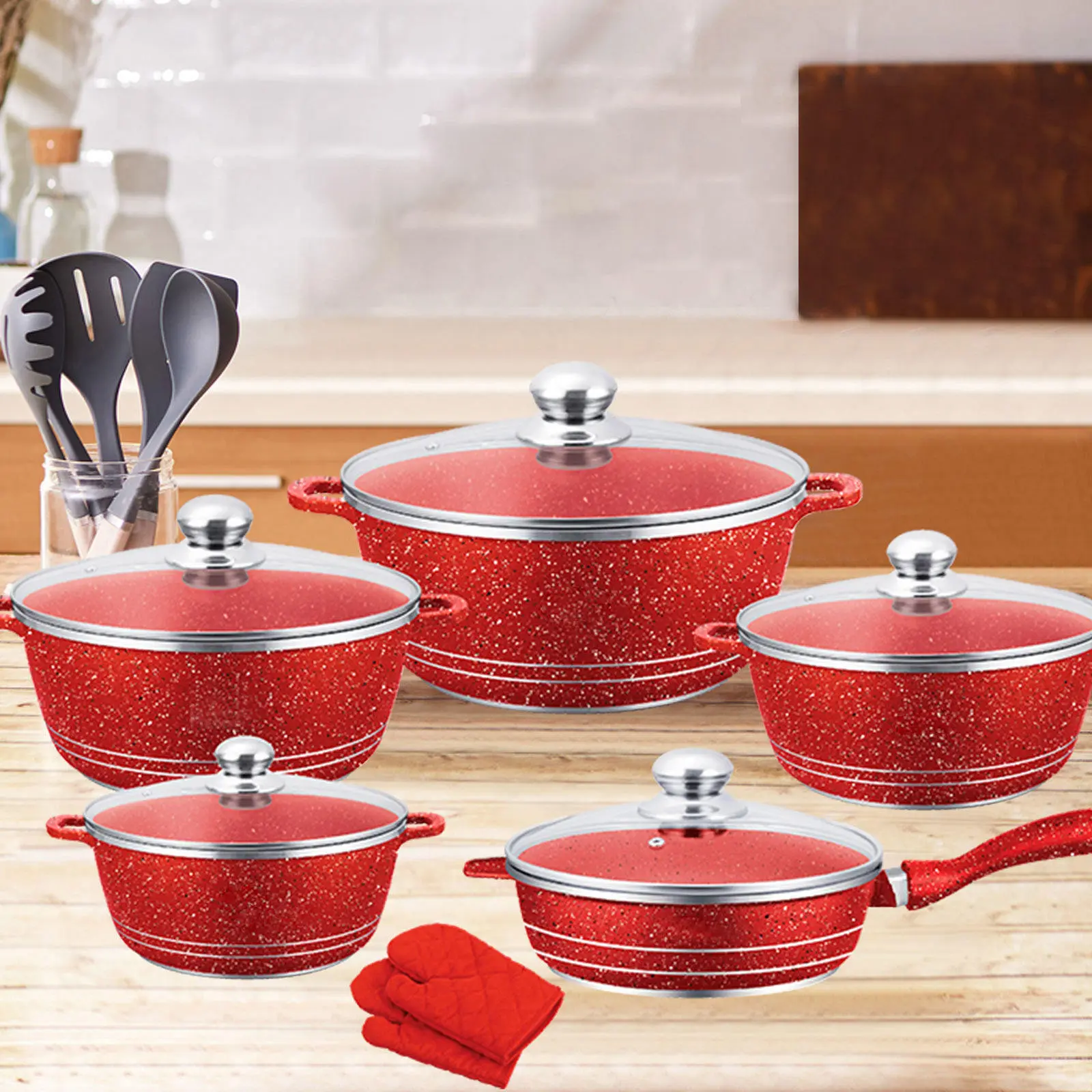Titanium Nonstick Cooking Pan Set - 4 Pots (Incl. 20cm Pot) with Lids, 1 Stylish Frying Pan with Glass Lid, 20-32cm Sizes, Thermal Handles, Steel Construction, Less Oil and Smoke for Healthy Cooking