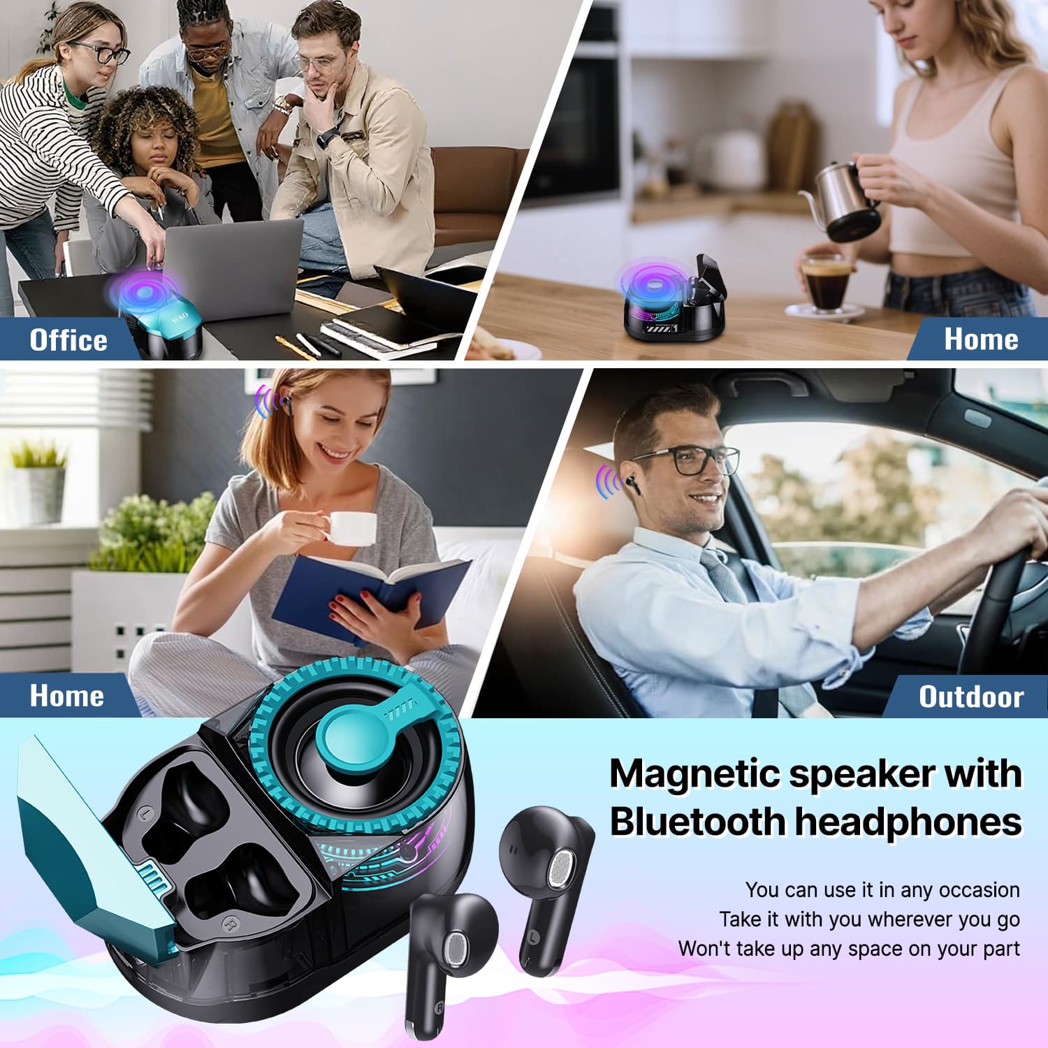 ​​3-in-1 Portable Magnetic Bluetooth Speaker Headphones Phone Holder | Dual SEPARATE Bluetooth 5.4 | 600mAh Battery | Twin Wireless Speakers + Headphones | iPhone Android | Travel Office Multi-Device​​