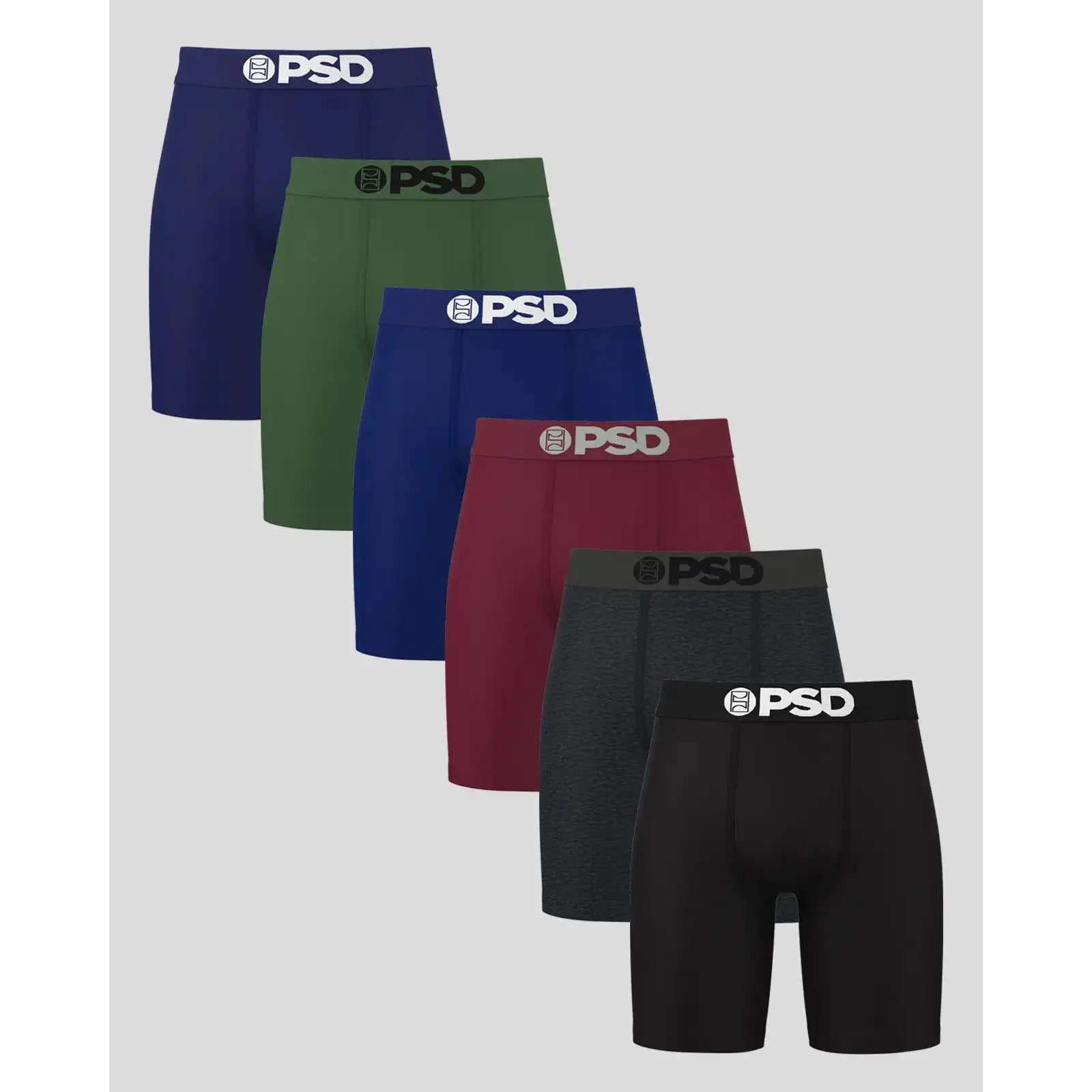 PSD Mens Solids Dark Tones Boxer Brief 6 Pack - Standard Length 7 Inch Inseam, Soft and Breathable Cotton Fabric