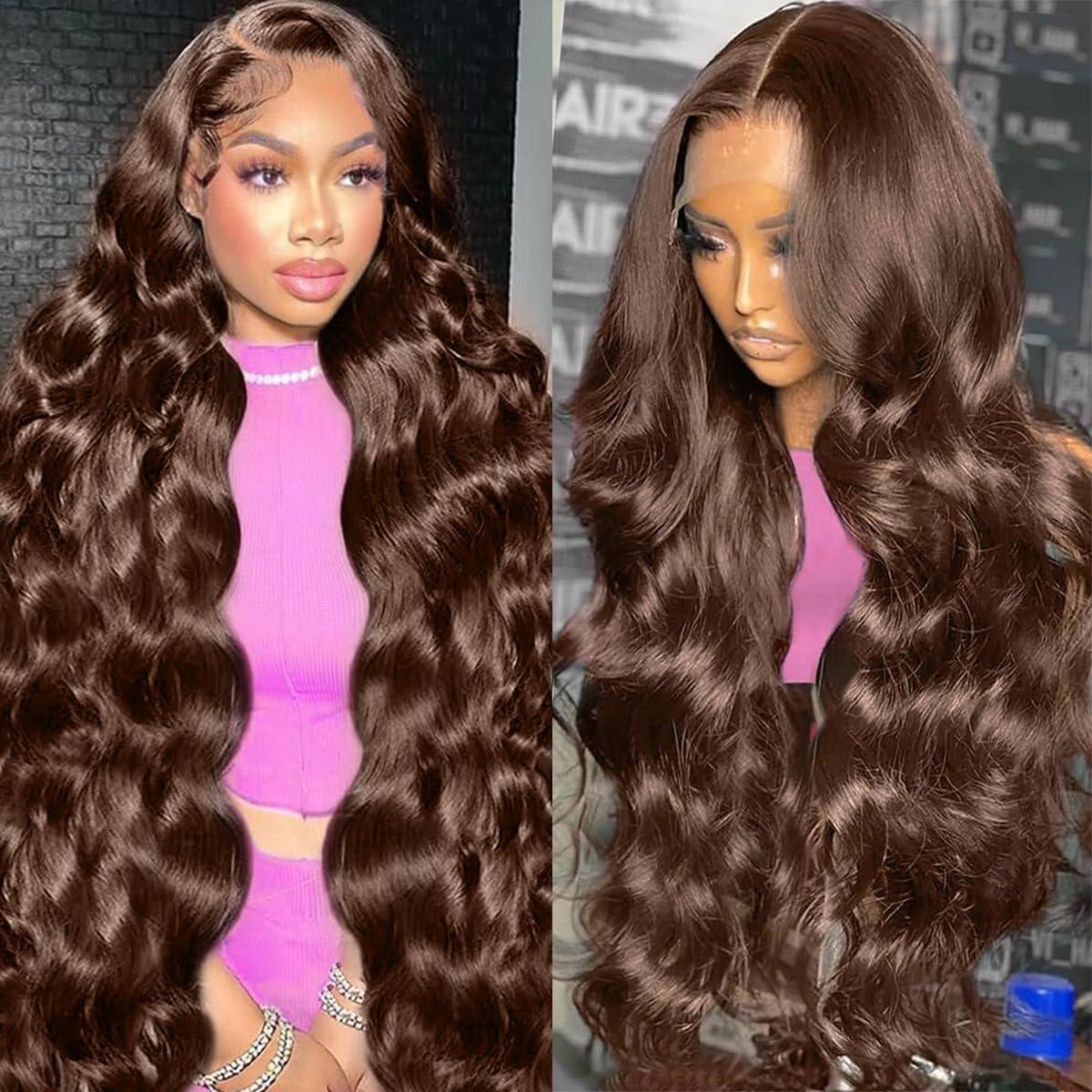 Bling Hair 30 32 34 Inch Chocolate Brown 13X4 Lace Front Wig Body Wave Human Hair 180% Density 13x6 Hd Transparent Front Wigs Pre Plucked Wigs For Women