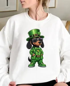 [Sale Up To 50%] Cool Lucky Dachshund Sweatshirt/Hoodie/T-Shirt – Funny Irish Dog in Green Suit & Hat with Shamrock, St. Patrick’s Day Party Shirt, Trendy Green Aesthetic, Unisex Women Men Gift