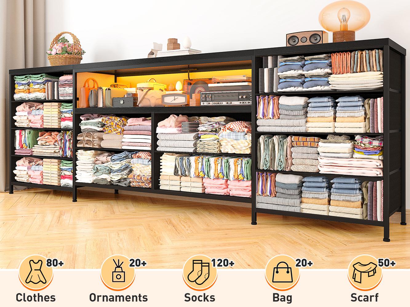 Raybee Furniture TV Stand for 65 70 75 Inch TV 63"W Dresser for Bedroom with LED Lights & Power Outlets  Long Fabric Dresser Entertainment Center