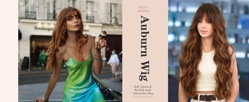 AISI HAIR New Auburn Wig with Bangs Long Wavy Curly Ginger Wig Natural Looking Heat Resistant Synthetic Curly Full Wigs for Women Daily Use Ombre Long