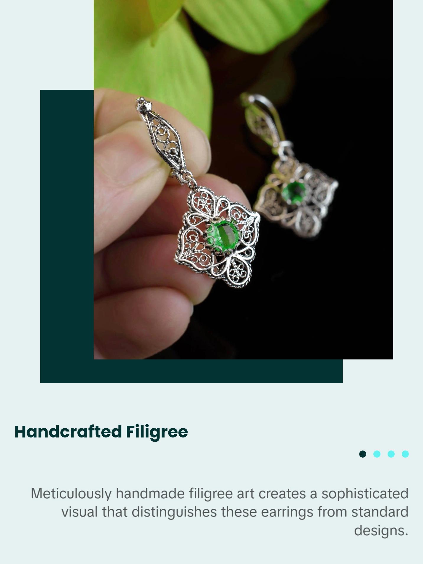 Sterling Silver Filigree Art Emerald Gemstone Woman Dangle Drop Earrings