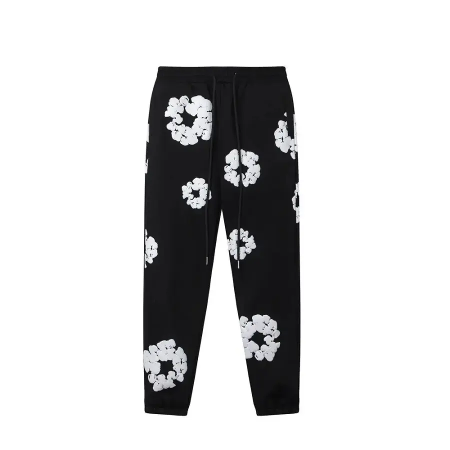 Y2K Streetwear Foam Floral Wreath Graphic Jogger Pants, Baggy Black Drawstring Tapered Cuffed Sweatpants