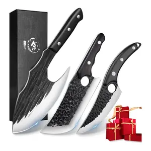 TIJERAS Butcher Knife Set For Meat Cutting, 3PCS Hand Forged Camping Knife Set With Ergonomic Handle, Meat Bone Cleaver for Kitchen Camping BBQ, Birthday Gifts for Men Women