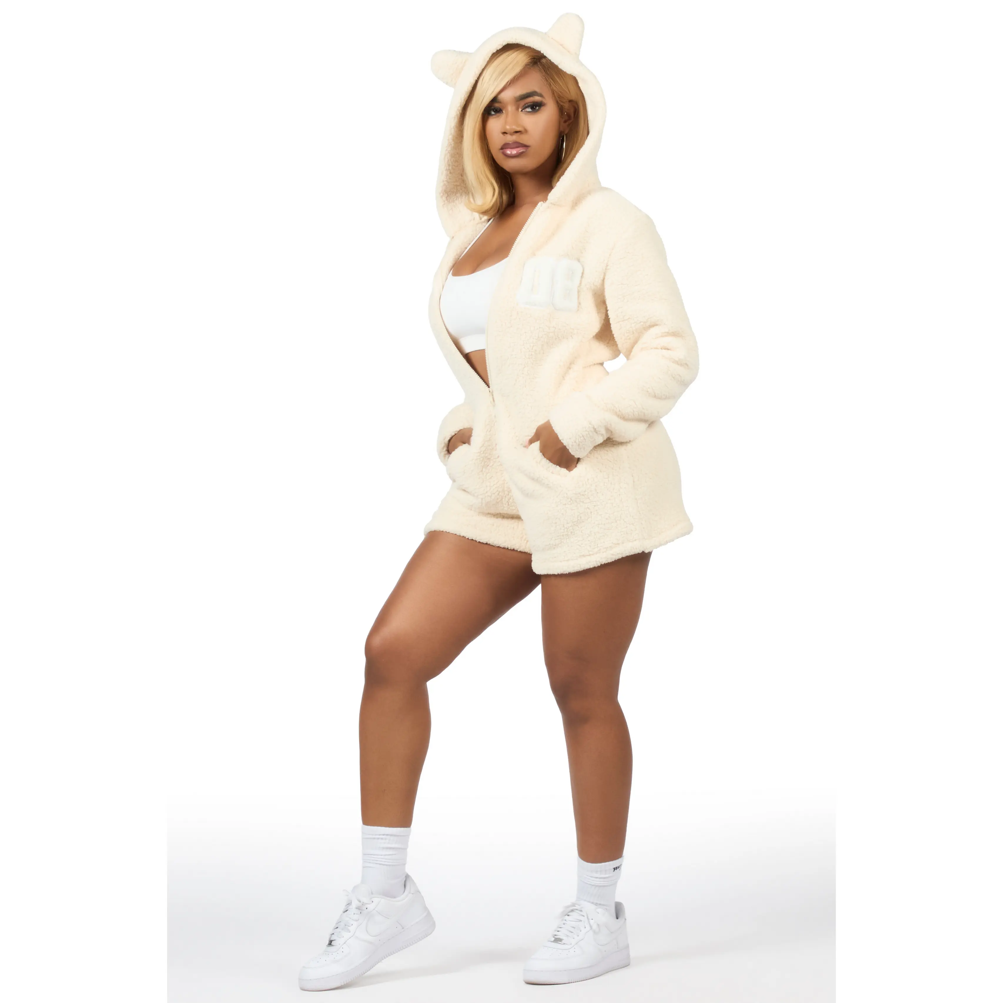 Shanakia Beige Sherpa Romper Shanakia Beige Sherpa Romper