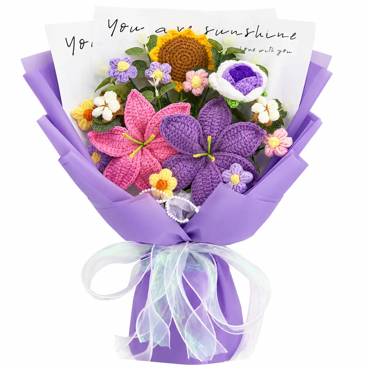 Handmade Crochet Flowers Bouquet Back to School Gift for Teacher Students, 14 Flowers & Eucalyptus Forever Flowers, Eco Friendly Yarn Bouquet Gift for Girlfriend Her, Greeting Card, Birthday Anniversary Just Because Gift US Fast Shipping Home Decor