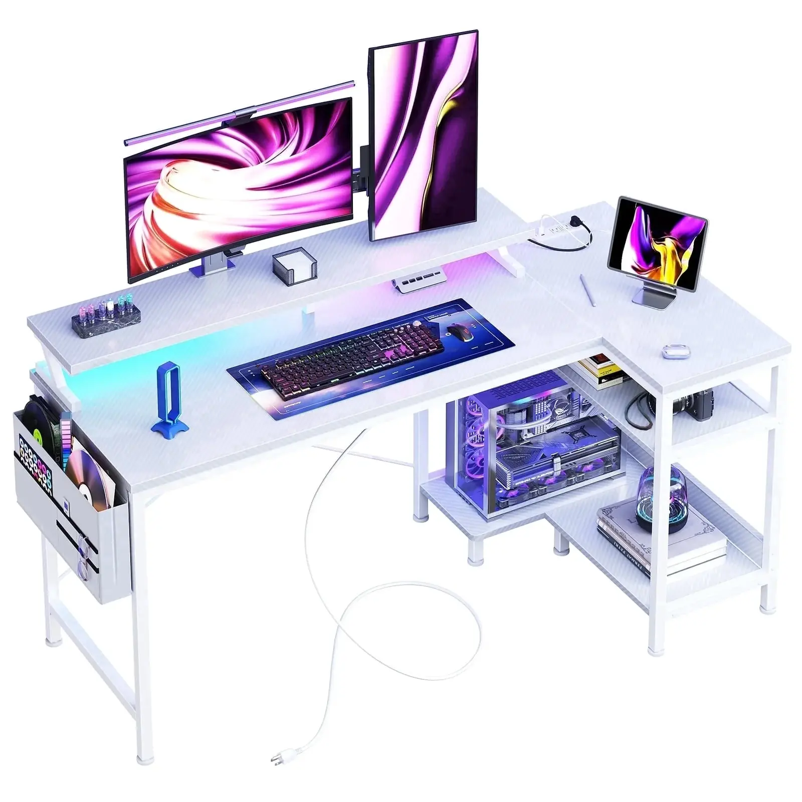 Game table, with USB charging port, power socket, Type-C interface and LED lights, computer table equipped with storage rack and monitor stand
