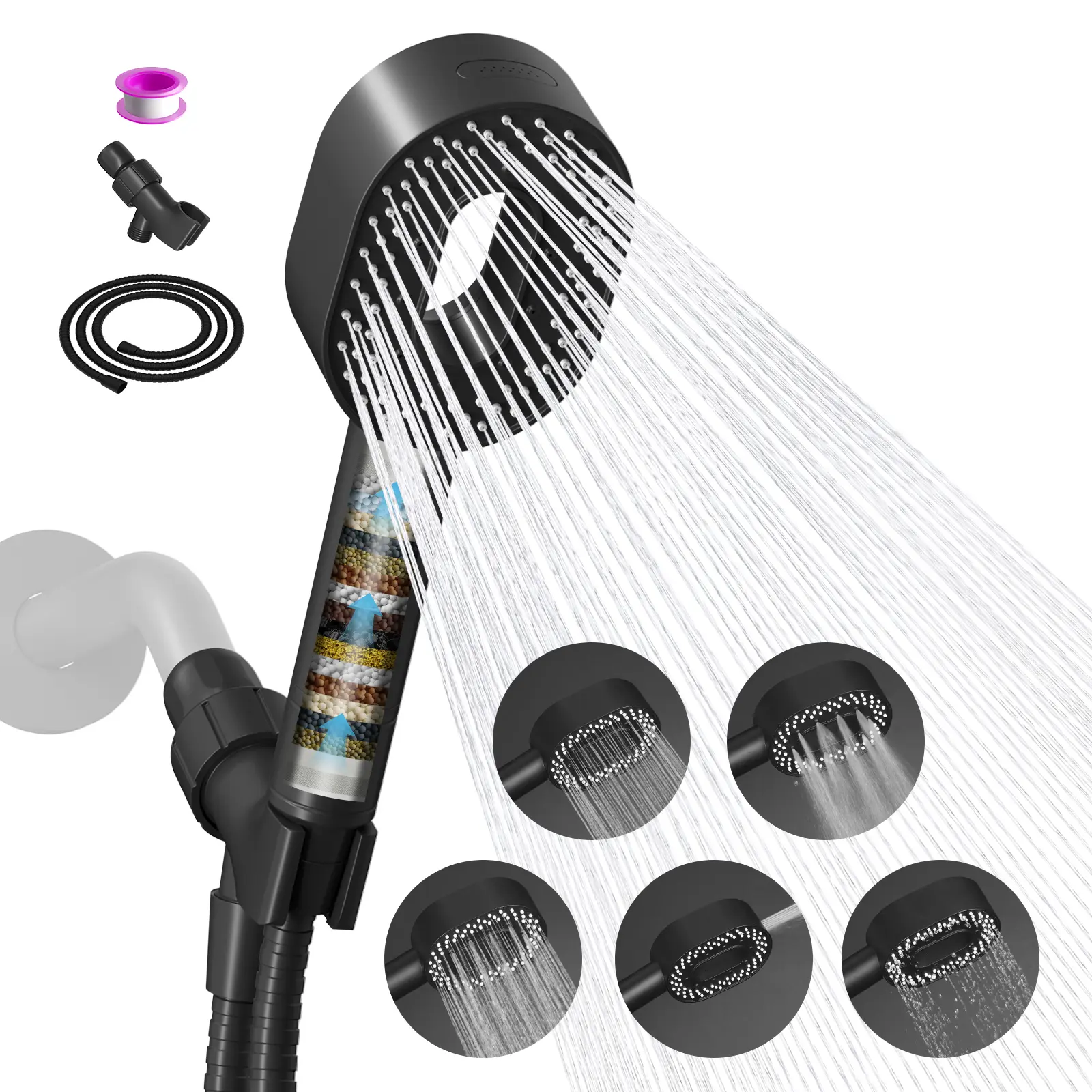 Hibbent Filtered Shower Head with Handheld, High Pressure 5 Spray Mode  Showerhead with Filters,detachable shower head,Water Softener Filters Beads for Hard Water -Remove Chlorine,home essentials