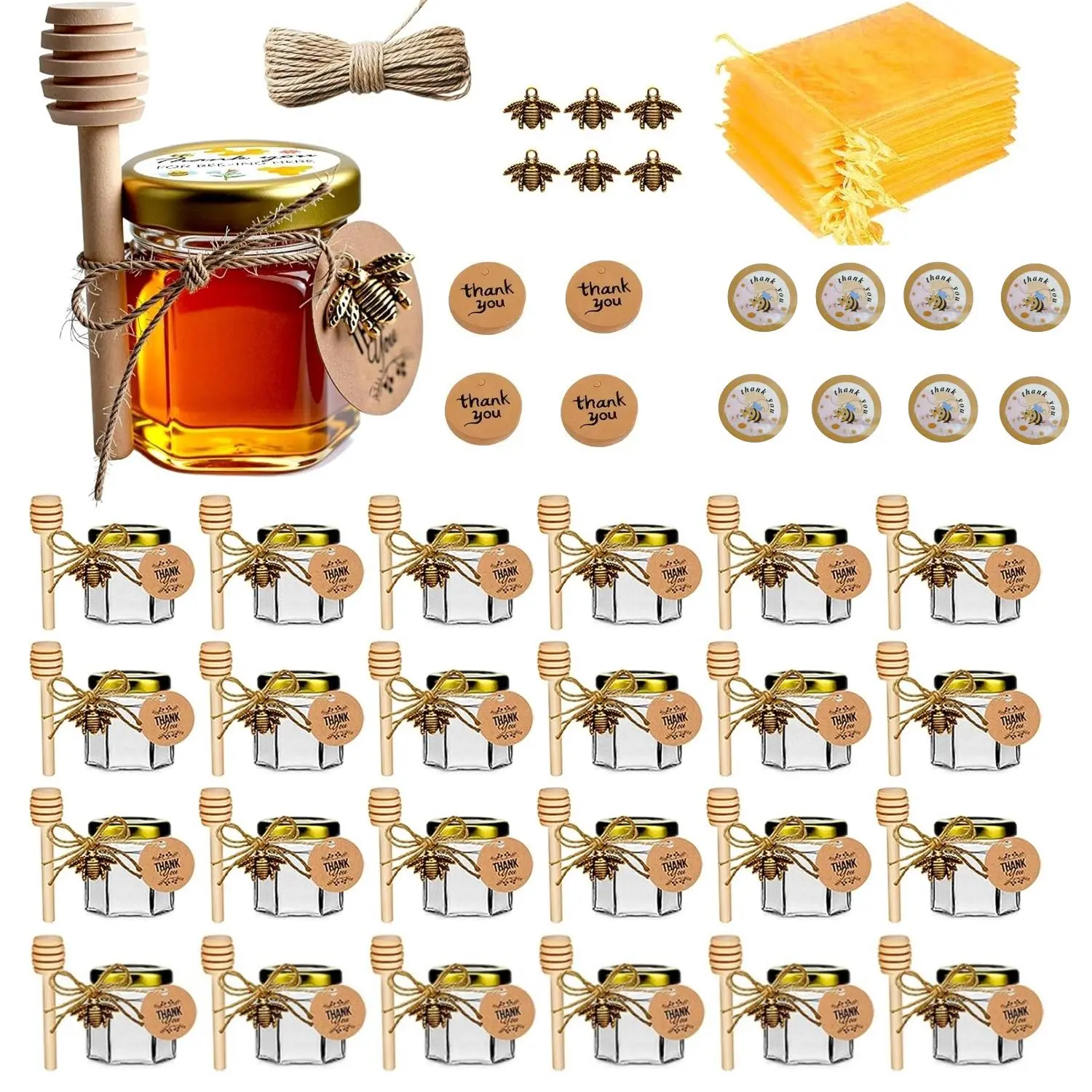 Mini honey jars – 1.5 oz, hexagonal honey jars with dipper, gold lid, bee pendant, gold gift bags, rope, thank-you tags, glass honey jars with lids, baby shower favors, wedding favors, party favors