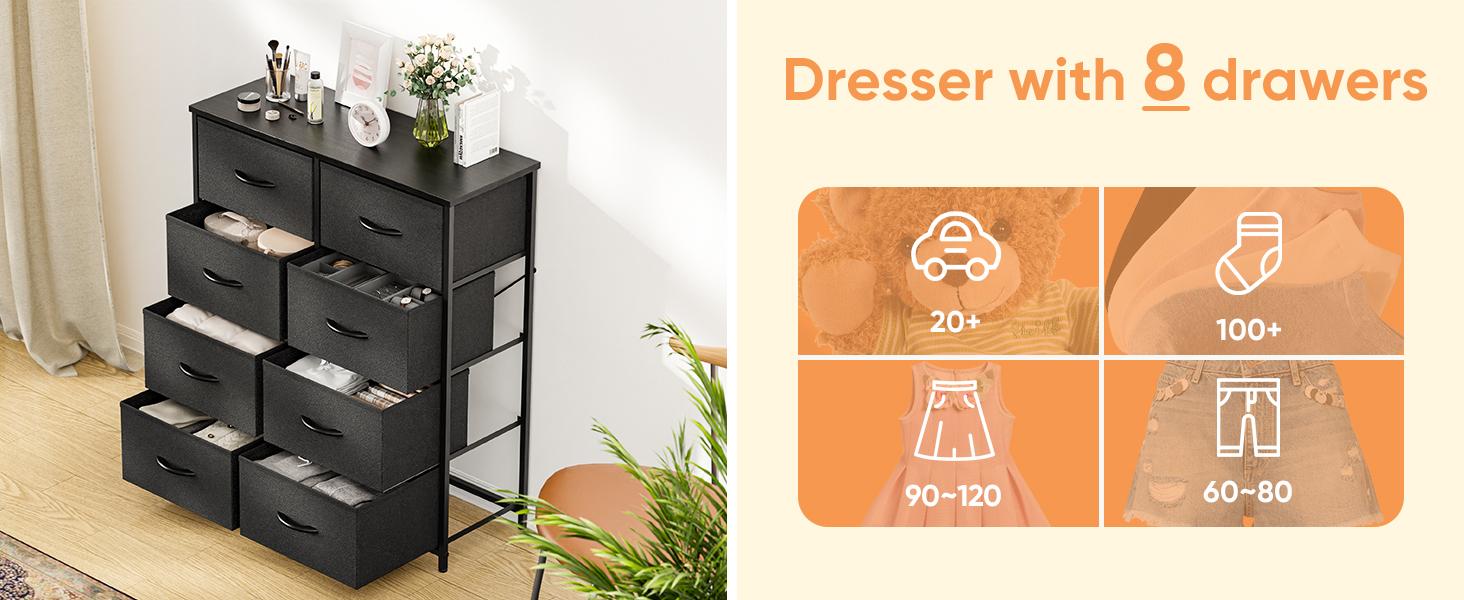 Dresser for Bedroom with 8 Fabric Drawers, Tall Chest Organizer Units for Clothing, Closet, Kidsroom, Storage Tower with Cabinet, Metal Frame, Wooden Top, Lightweight Nursery Furniture Dresser for Bedroom with 8 Fabric Drawers, Tall Chest Organizer Units for Clothing, Closet, Kidsroom, Storage Tower with Cabinet, Metal Frame, Wooden Top, Lightweight Nursery Furniture