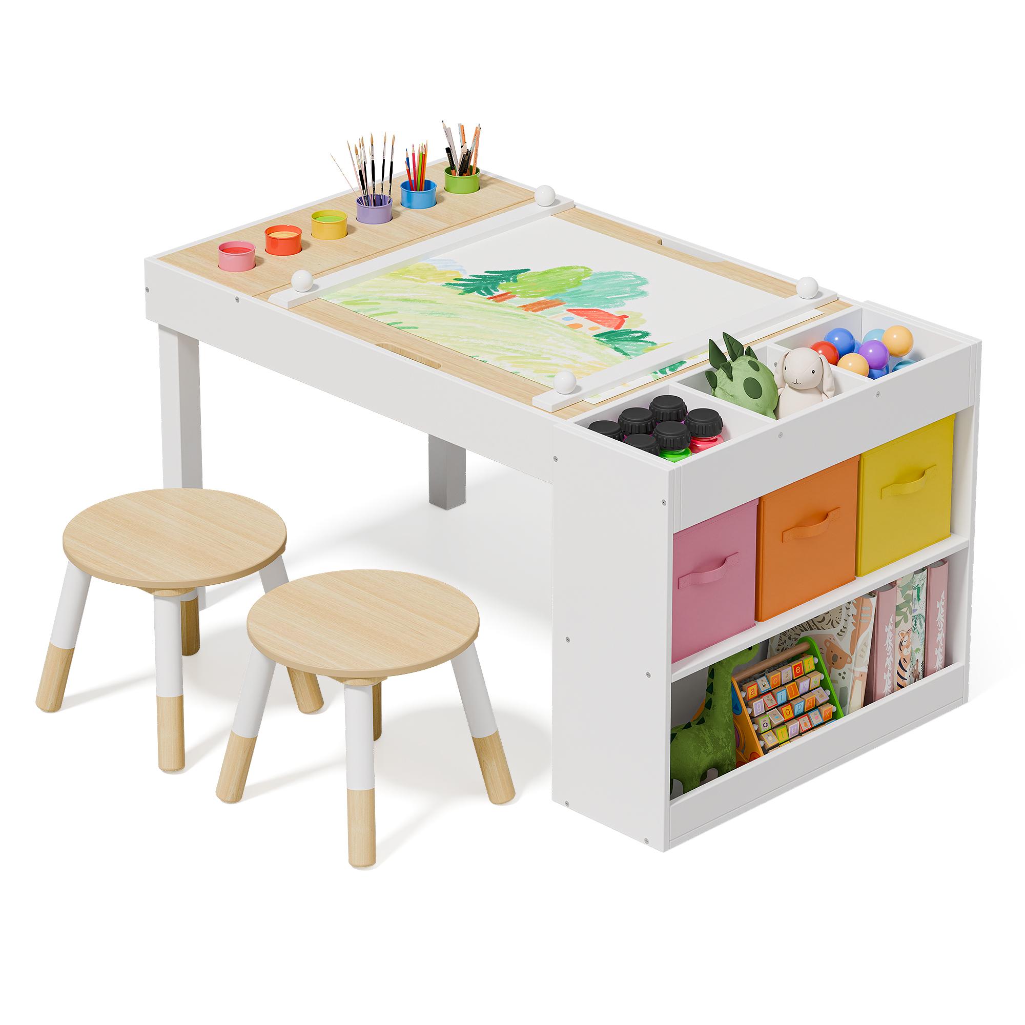 Multifunctional Kids Art Table & Chairs Set Toddler Painting Table and Chair Set Convertible Play Desk with Storage for Kids White