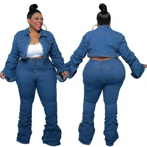 MY821 Plus Size Women's Clothing 2021 Autumn Winter Denim Two-Piece Set with Gathered Ruffle Pants