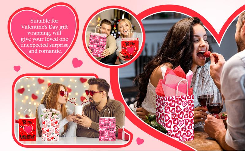 32 Pcs Valentines Day Goodie Bags Kraft Paper Gift Bags with Handle Tissue Paper,Appreciation Gift Wrapping for Friends Teacher Students Office Employee Coworker,Galentine's Day Birthday Wedding School Classroom Party Gift,Valentine Gift Exchane